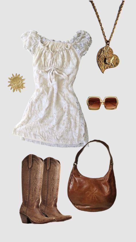 #70soutfit #70s #outfit #inspo #outfitinspo #hippieoutfit #fyp Like Dancing Outfit Country, Thrifted Birthday Outfit, Cottage Cowgirl Outfits, Country Cottage Outfit, 70s Beach Outfit, Gold Cowgirl Boots Outfit, Birthday Concert Outfit, 70s Country Outfits, Daisy Jones Aesthetic Outfits