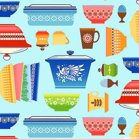 Retro Kitchen - Vintage Hunt - Dawn Blue Aqua Kitchen, Vintage Pyrex Bowls, Mint Background, Aqua Fabric, Retro Kitchen Decor, Aqua Mint, Pyrex Bowls, Kitchen Vintage, Kitchen Fabric