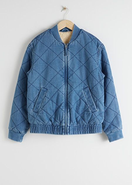 Padded Organic Cotton Denim Jacket - Mid Blue - Jackets - & Other Stories Quilted Denim Jacket, Quilted Denim, Stylish Blazer, Tailored Coat, Belted Jacket, Fall Jackets, Fashion Story, Corduroy Jacket, Faux Fur Jacket