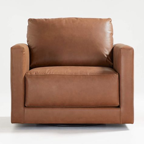 Gather Petite Leather Swivel Chair + Reviews | Crate and Barrel Leather Chair And Ottoman, Rose House, Cereal Dispenser, Deep Frame, Bedroom Redo, Leather Swivel Chair, Reading Area, Chair And A Half, Massage Room