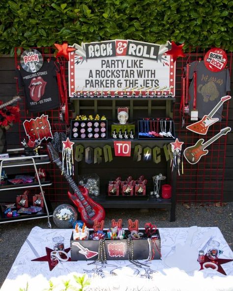 Rock 'n' Roll Birthday Party for Tweens - Fern and Maple Rock N Roll Hall Of Fame Party Ideas, Rock N Roll Photo Backdrop, Rock And Roll Candy Table, Rock And Roll Party Snacks, Rock Roll Decor Party, Rock And Roll Pool Party, Rock And Roll Balloon Garland, Rock And Roll Dessert Table, Food For Rock And Roll Party