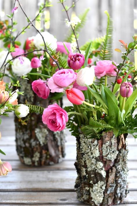 Bark Centerpiece, Diy Vase Ideas, Tree Bark Crafts, Bark Crafts, Wood Vases, Flower Bed Edging, Vase Ideas, Easter Wood Crafts, Mosaic Flower Pots