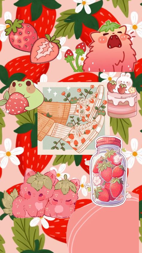 Strawberries 🍓 frog, cat, cake, jar and shoes Avocado Wallpaper, Frog Cat, Strawberry Art, Cat Cake, Cute Frogs, Strawberries, Avocado, Wallpapers, Iphone