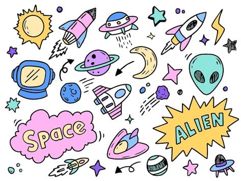 Aesthetic Space Doodles, Space Doodles Aesthetic, Galaxy Doodles, Creative Mind Map, Galaxy Decor, Space Doodles, Scrapbook Patterns, Doodle Vector, Space Drawings