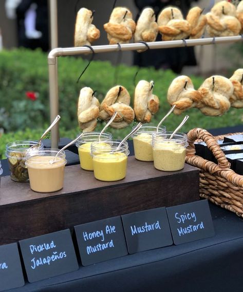 DIY Soft Pretzel Bar - More Momma! Soft Pretzel Station, Soft Pretzel Wedding, Soft Pretzels Wedding, Wedding Soft Pretzel Bar, Diy Pretzel Bar, Diy Food Bar, Soft Pretzel Bar Ideas, Pretzels For Wedding, Pretzel Station