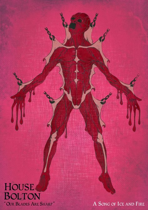 House Bolton's sigil.  A flayed man, red on pink Bolton Game Of Thrones, Ramsey Bolton, House Bolton, Queen Of Dragons, Ramsay Bolton, Game Of Thrones Poster, Knight Tattoo, Asoiaf Art, Fire Book