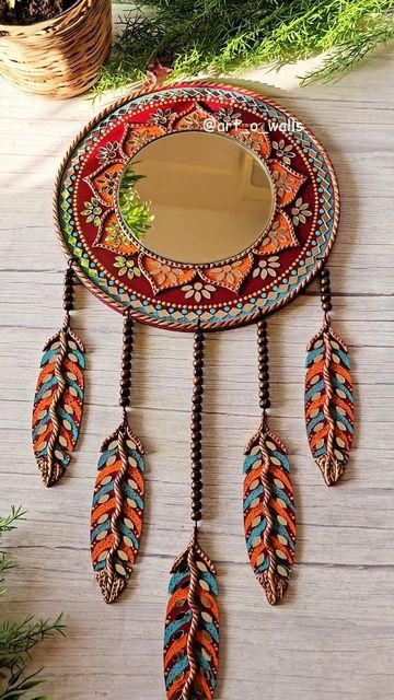 Lippan Art Dream Catcher, Clay Mirror Art, How To Draw Patterns, Clay Mirror, Lipan Art, Mirror Canvas Art, Clown Crafts, Painted Mirror Art, Relief Painting