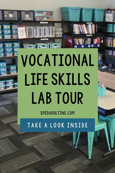 Life Skills Room Setup, Free Vocational Activities, Paes Lab Ideas, Ged Classroom Ideas, Life Skills Classroom Set Up High School, Life Skill Centers, Vocational Bulletin Board Ideas, Life Skills Math Special Education, Vocational Classroom Setup