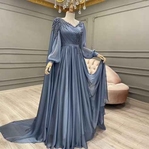 Lorya Love Evening Dresses Blue Elegant Women Long Sleeves Chiffon Party Formal Gowns Beading Robe 2022 Arabic Evening Dress, 90s Prom Dresses, Modest Evening Gowns, Baju Kahwin, 90s Prom, Hijab Dress Party, Dresses Quince, Muslim Evening Dresses, Dresses Graduation