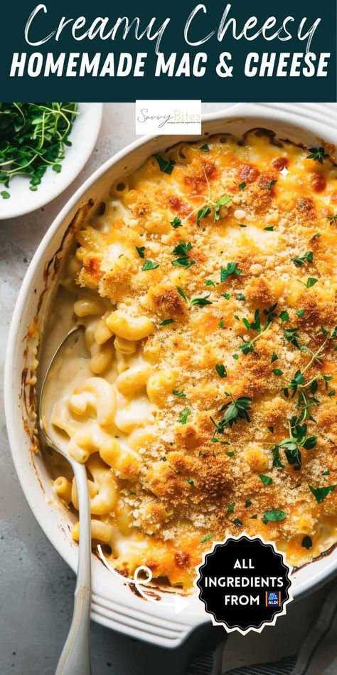 Baked mac and cheese with the best homemade cheesy sauce. A comforting family dinner ready in 30 minutes. Aldi recipe perfect for holidays or any meal. Made on the stove-top, finished in the oven with a crispy breadcrumb topping. Homemade Panko, Homemade Baked Mac And Cheese, Easy Mac N Cheese Recipe, Homemade Macaroni And Cheese, Breadcrumb Topping, Desserts Thanksgiving, Baked Mac And Cheese Recipe, Easy Mac And Cheese, Macaroni Cheese Recipes