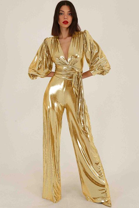 V Neck Puff Sleeve Metallic Jumpsuit-Dark Gold