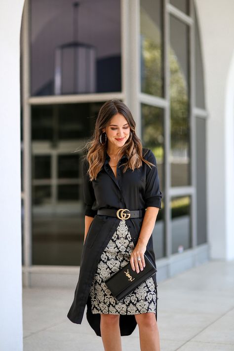 How to Style a Shirt Dress as a Top | Black Shirt Dress, Black and Gold Pencil Skirt, Gucci Belt Gucci Belt Dress Outfit, Belt With Skirt Outfit, How To Style A Black Shirt Dress, Black Dress Shirt Women's, How To Wear A Dress As A Top, Shirt And Belt Outfit, Belted Shirt Outfit, How To Wear Shirt Dress, Shirt Belt Outfit