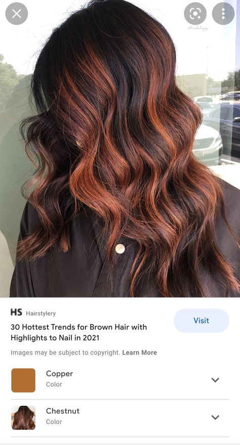 Copper With Black Highlights, Dark Pumpkin Spice Hair, Dark Hair Copper Balayage, Chunky Copper Highlights On Dark Hair, Orange Peekaboo Hair Dark Brown, Copper Money Piece Hair Black, Natural Red Hair With Black Highlights, Pumpkin Pie Hair, Brunette With Orange Highlights