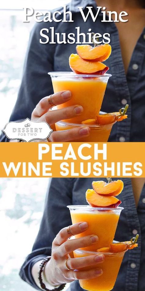 Peach wine slushies, made with just two ingredients in the blender. So easy, and perfect for your 4th of July cocktail or 4th of July dessert! Wine Slushie Recipe, Wine Slushies, 4th Of July Dessert, Yummy Summer Drinks, Peach Wine, Frozen Peaches, Wine Slushie, Slushie Recipe, Yummy Alcoholic Drinks