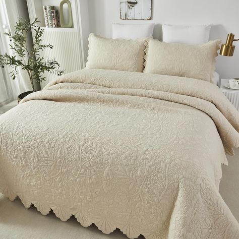 PRICES MAY VARY. Queen size quilt set(3pc),1 quilt/coverlet 96*90 inch,2 standard size quilted pillow shams.(P.S. This is a quilt/coverlet set for a Queen size bed, the effect on your Queen size bed will depends on the height of mattress.) Material: comforter: 100% Cotton fabric, lightweight, breathable and soft. Lightweight and soft yet not short of warmth. You get what you paid for! Cozy cotton material and delicate stitching, exquisite scalloped edges, perfect weight and generous size! Luxuri Farmhouse, Luxury Farmhouse, Quilted Comforter, Farmhouse Bedding, Quilt Set, Quilt Sets, Quilt Bedding, Queen Size, Bedding Set