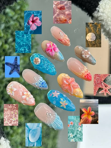 Tropical Vibes Almond Press Ons Nails /beachy Nails,fake Nails / Handmade Nails / 3D Nails Flowers /nails Art /sea Shells - Etsy Shell 3d Nails, Summer Beachy Nails, Coconut Nails, Nails 3d Designs, Summer Nails Tropical, 3d Summer Nails, Sea Inspired Nails, Sea Shell Nails, Sea Nail Art