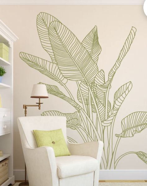 Wall Decal Office, Plant Mural Wall, Bathroom Mural Ideas, Tropical Home Office, Wall Decals For Bathroom, Easy Wall Murals, Modern Tropical Bedroom, Wall Decal Ideas, Bathroom Murals