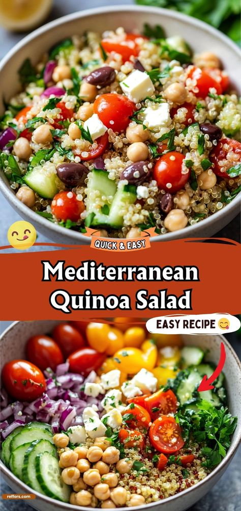 Explore the vibrant flavors of a Mediterranean-inspired quinoa salad, a delightful blend of fresh ingredients and wholesome goodness. Quinoa Salad Recipes Mediterranean, Greek Salad Quinoa, Mediterranean Quinoa Salad With Chicken, Greek Salad Lunch, Mediterranean Chickpea Quinoa Salad, Quinoa Protein Salad, Mediterranean Diet Recipes Lunch Healthy, Health Work Lunch Ideas, Quinoa Feta Salad Recipes