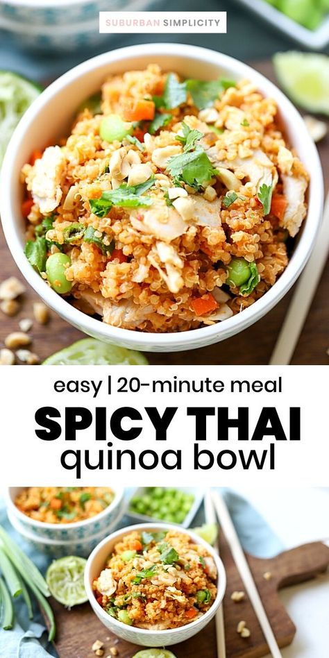 Thai Quinoa, Quinoa Bowls, Healthy Bowls Recipes, Spicy Peanut Sauce, Chicken Quinoa, Spicy Thai, Healthy Bowls, Quinoa Bowl, Thai Chicken