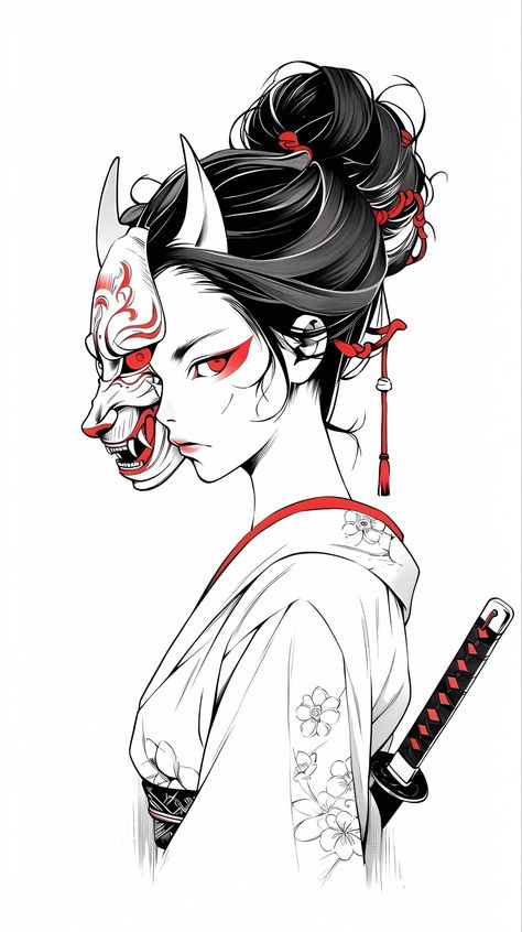 Samurai Tattoo Woman, Geisha Oni Mask Tattoo, Geisha Samurai Tattoo Design, Warrior Theme Tattoo, Oni Mask Female, Kunoichi Tattoo, Japan Girl Tattoo, Japanese Tattoo Art Feminine, Woman Samurai Tattoo