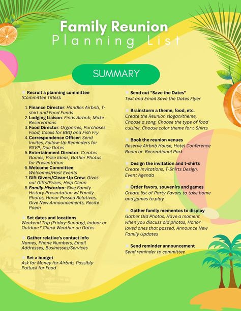 Hi 🌷 I've created this Family Reunion Planning Checklist Summary for Families looking to plan a Family Reunion 🌷 I hope your Family Reunion is a Success 🌷 Family Reunion Ideas Themes, Family Reunion Ideas Organizing, Reunion Checklist, Family Reunion Themes, Family Reunion Favors, Reunion Games, Family Reunion Games, Family Reunion Shirts, Family Reunion Planning