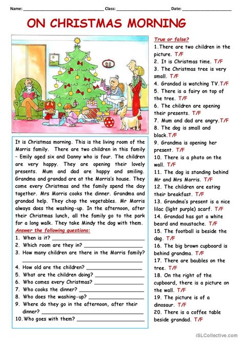 RC: On Christmas Morning: English ESL worksheets pdf & doc English Reading Skills, Christmas Reading Comprehension, True Or False Questions, Family On Christmas, English Grammar For Kids, Christmas Lesson, English Christmas, English Activities For Kids, Christmas Reading