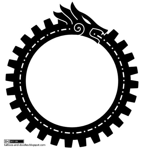 So, if you mix the steampunk cogwheels and the Ouroboros symbol, you get... Steampunk ouroboros This work by tattoos-and-doodles.blogs... Steampunk Tattoo Design, Guitar Rosette, Steampunk Tattoo, Ouroboros Tattoo, Trash Polka Tattoo, Flash Tattoo Designs, Dragon Tattoo Designs, Viking Symbols, Silhouette Stencil