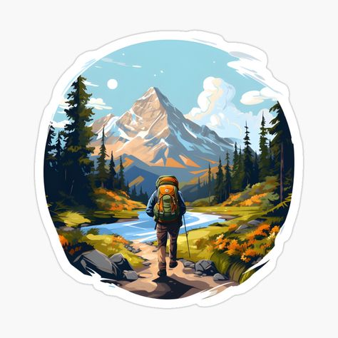 Get my art printed on awesome products. Support me at Redbubble #RBandME: https://www.redbubble.com/i/sticker/Hiking-in-The-Mountains-by-KSimpson838/153727503.JCQM3?asc=u Uttarakhand Culture, Logo Camping, Mountain Stickers, Hiking Logo, Hiking Art, Hiking Design, Mountains Sticker, Typography Shirt Design, Sticker Wallpaper