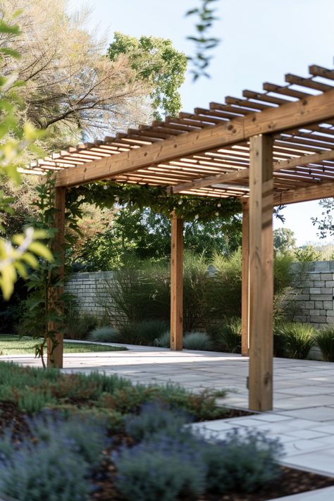 Find peace and tranquility in your backyard with these 57 wood patio cover ideas, showcasing classic pergolas to modern timber structures. Infuse your outdoor space with Zen-inspired design elements, creating serene meditation spaces amidst nature. Enhance the calming atmosphere with the warmth and natural beauty of wood materials, fostering mindfulness and relaxation outdoors. #WoodPatioCoverIdeas #MeditationSpaces #OutdoorZen Modern Timber Pergola, Pergola In Garden Ideas, Timber Patio, Natural Wood Pergola, Exterior Pergola, Wood Patio Cover, Rustic Outdoor Patio Ideas, Pergola For Deck, Pergola Outdoor