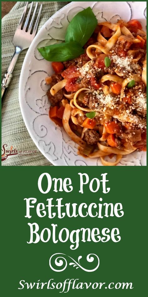 One Pot Fettuccine Bolognese is an easy recipe brimming with beef, carrots, celery and onions and forms a sauce with diced tomatoes, tomato sauce, red wine and seasonings as it cooks with the pasta in the same pot. Perfect pasta and sauce recipe for a busy weeknight dinner and great to serve for company! #easyrecipe #onepot #onepotpasta #pastarecipe #weeknightdinner #kidfrienldy #groundbeefsauce #pastasauce #swirlsofflavor Bolognese Sauce Fresh Tomatoes, Fettuccine With Meat Sauce, One Pot Fettuccine, One Pot Bolognese Pasta, Fettuccine Bolognese, One Pot Pasta Bolognese, Quick Spaghetti Bolognese, One Pot Pasta Bolognese 12 Tomatoes, Pasta Fettuccine