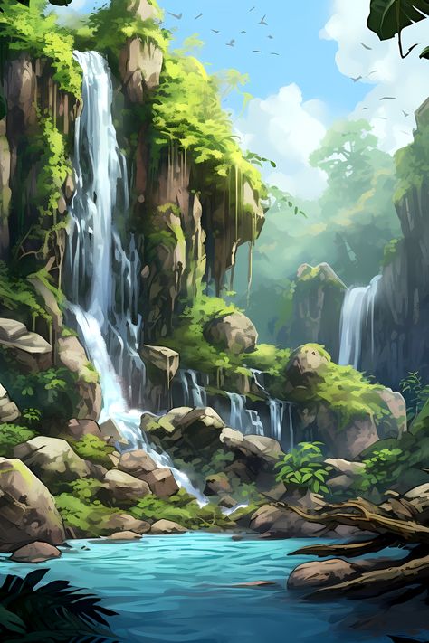 #phonewallpaper #free #landscape #abstractart #waterfall #jungle #tropical #aidigitalart #digitalprint #aiart #midjourney Jungle With Waterfall, Jungle Waterfall Painting, Tropical Landscape Drawing, Anime Waterfall Background, Tropical Waterfall Painting, Jungle Landscape Art, Jungle Scene Drawing, Waterfall Concept Art, Waterfalls Drawing