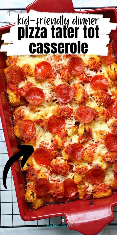 This is an easy Tater Tot Pizza Casserole Recipe made with simple ingredients. It's loaded with zesty pepperoni, pizza sauce, mozzarella cheese and tater tots, all baked to crispy perfection! This is a fun twist on traditional casserole dinners and makes a no prep, no clean up family-friendly dinner. Pizza Tater Tot Casserole, Tater Tot Pizza, Fun Dinners For Kids, Tator Tot Recipe, Tater Tot Bake, Pizza Alternatives, Pepperoni Pizza Casserole, Casserole Dinners, Pizza Casserole Recipe