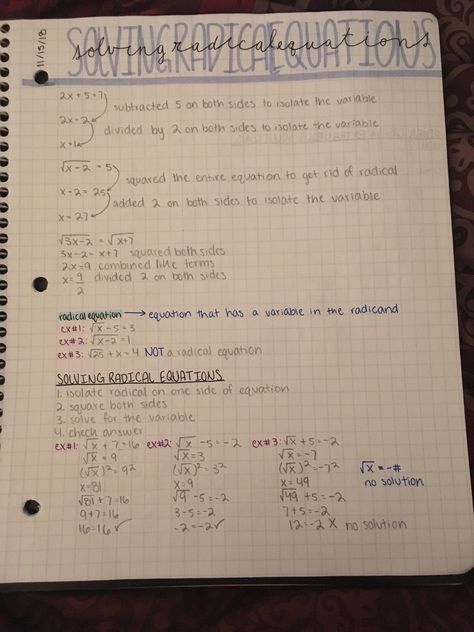 Algebra: Solving Radical Equations Notes Solving Equations Notes, Intermediate Algebra College, Advanced Algebra Notes, Algebra Study Notes, Freshman Algebra Notes, Algebra One Notes, Algebra Notes High Schools, Honors Algebra 2 Notes, Math Study Notes Algebra 1