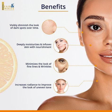 The Fair & White Exclusive Vitamin C Cream brightens skin, removes dark spots on skin, keeps it firm, and gives it a healthy glow. Buy online at Mitchellbrands.com! Ph Care, Spots On Skin, Fade Skin, Lighten Skin Tone, Vitamin C Cream, Skin Moles, Advertising Ideas, Download Hair, Skin Care Benefits