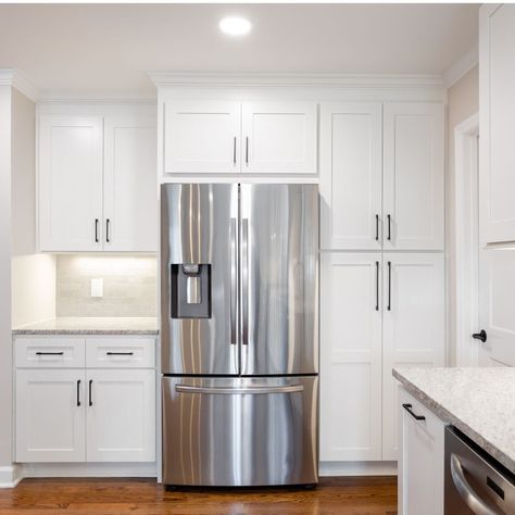 Fridge Near Doorway, Fridge On Separate Wall, Fridge In Middle Of Kitchen, Fridge And Stove On Same Wall, Fridge Next To Pantry, Fridge Ideas Kitchen, Fridge Wall In Kitchen, Kitchen Fridge Wall, Fridge Double Door