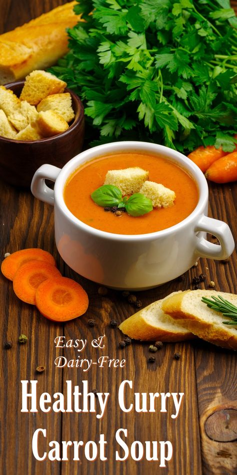 Curry Carrot Soup Recipe (6-Ingredient, Healthy, Vegan & Creamy) Curry Carrot Soup, Soup Recipe Vegan, Curried Carrot Soup, Canned Carrots, Carrot Curry, Dairy Free Salads, Carrot Soup Recipes, Healthy Baked Chicken, Chili Recipe Easy