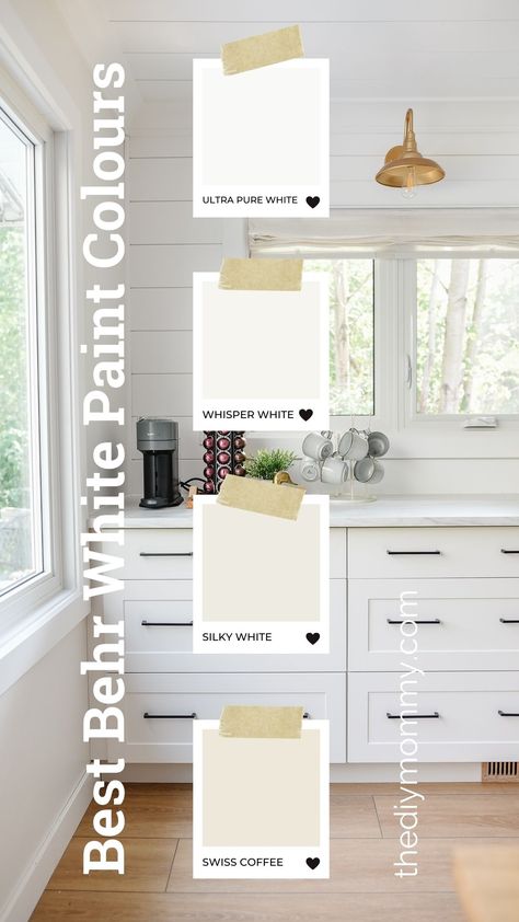 Behr White Trim Colors, Top Behr White Paint Colors, White Paint By Behr, Best White Paint For Walls 2023, Paint Color With White Trim, Farmhouse White Paint Behr, Behr Trim Paint White, Behr White Moderne, Behr White Cabinet Colors