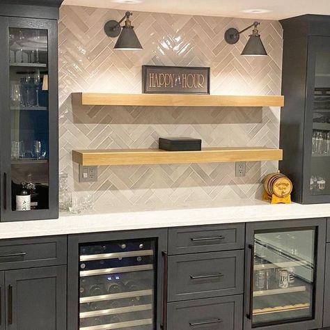 Wet Bar With Wood Backsplash, Wall Bar With Cabinets, Wetbar Basement Idea, Basement Cabinet Color Ideas, Cabinet On Countertop Kitchen, Wet Bar Accent Wall, Simple Home Bar Ideas, Diy Basement Wet Bar Ideas, Downstairs Wet Bar