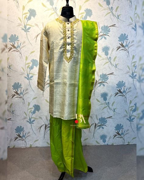 Trending menswear shop now designer collection viral cream pattu boutique viral fashion Dhoti Kurta For Men, Kurta For Men, Dress Men, Wedding Dress Men, Maggam Work, Groom Wear, Family Outfits, Neon Green, Neon