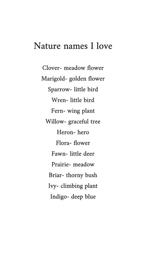 Poem Names Ideas, Core Names Aesthetic, Fairy Last Names, Nature Names With Meaning, Cute Fairy Names, Nature Related Names, Pretty Nature Words, Female Nature Names, Nature Last Names