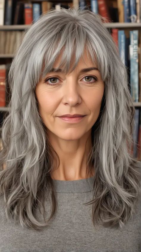 23 Timeless Long Hair with Bangs for Women Over 50: Elegant Hairstyles to Enhance Your Look Medium Length Haircuts For Gray Hair, Med Length Layered Hair Over 50, Long Haircuts For Older Women Over 50, Over 50 Hair With Bangs, Long Layered Hairstyles For Thick Hair, Braids Older Women, Wing Bangs, Bangs Over 50 Long Hair, Bangs After 50