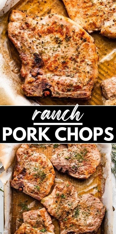 These Ranch Pork Chops are tender, juicy, and bursting with ranch goodness. Make a delicious pork dinner with this quick and easy 4-ingredient dinner recipe. With a crispy exterior and a ranch-infused punch, these chops are a must-try for a mouthwatering meal. Pork Chops Fast And Easy, Sheet Pan Ranch Pork Chops, Pork Rib Chops Bone In, Pick Chop Recipes, Boneless Porch Chop Recipe, Recipes For Pork Loin Chops, Easy Pork Dishes, Yummy Pork Chop Recipes, Pork Chop Recipes With Ranch Packet