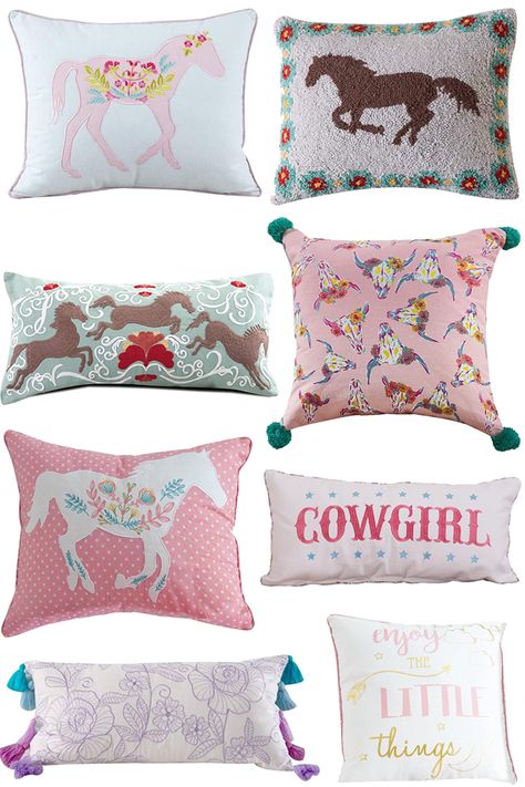 Brighten up your home with a colorful new throw pillow. There is a perfect pillow for everyone from age from five to fifty. Horse Room Ideas For Teens, Horse Decorations For Bedroom, Horse Bedroom Ideas For Girls Kids, Western Modern Home Decor, Girls Room Horse Theme, Horse Girls Bedroom, Horse Nursery Decor, Bedroom Aesthetic Cozy, Horse Themed Bedrooms