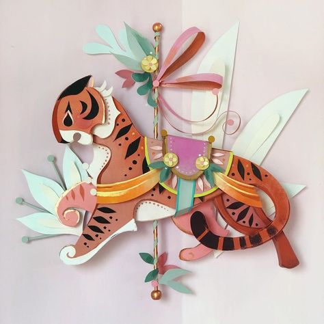 @britsketch shared a photo on Instagram: “2 new carousel creatures down, a few more to go! Both my high school and college mascots were tigers, and I have a mini ferocious ball of…” • Sep 13, 2020 at 11:04pm UTC Brittany Lee, Brittney Lee, 3d Paper Art, Mermaid Print, Carousel Horses, Unicorn Print, Paper Cut Art, Paper Sculpture, Paper Cut