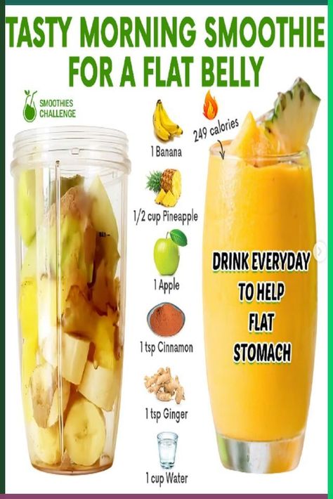 tasty morning smoothie for a flat belly Flat Belly Smoothie, Resep Smoothie, Healthy Juice Drinks, Fruit Smoothie Recipes Healthy, Easy Healthy Smoothies, Smoothie Recipes Healthy Breakfast, Resep Diet, Smoothie Drink Recipes, Fat Burning Smoothies