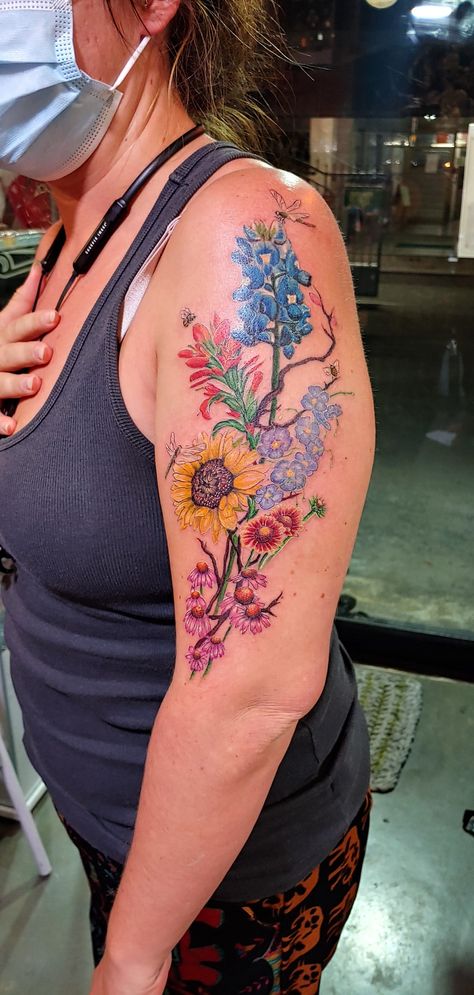 Wild Flower Watercolor Tattoo, Turquoise Flower Tattoo, Western Wildflower Tattoo, Bluebonnet Indian Paintbrush Tattoo, Indian Blanket Tattoo, Oklahoma Wildflowers Tattoo, Montana Wildflowers Tattoo, Texas Flowers Tattoo, Bluebonnet And Indian Paintbrush Tattoo