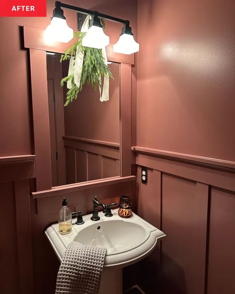 A Dramatic “Color Drenched” Bathroom Redo Cost Just $60 | Apartment Therapy Mauve Bathroom, Powder Room Paint Colors, Color Drenching, Powder Room Paint, Small Bathroom Paint, Small Bathroom Colors, Bath Paint, Painted Bathroom, Bathroom Red