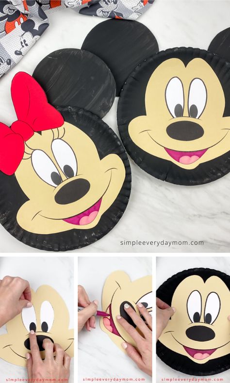 Need a fun and easy Disney craft for the kids to do at home? These Mickey and Minnie Mouse paper plate crafts are perfect for preschool and kindergarten children. Download the free printable template and make today!   #simpleeverydaymom #disneycrafts #paperplatecrafts #kidscrafts #craftsforkids #mickeymouse #minniemouse #preschoolcrafts #kindergartencrafts Mouse Paper Plate Craft, Mickey Mouse Preschool, Free Mickey Mouse Printables, Mickey Mouse Template, Minnie Mouse Template, Mickey Craft, Minnie Mouse Printables, Cool Crafts For Kids, Disney Crafts For Kids