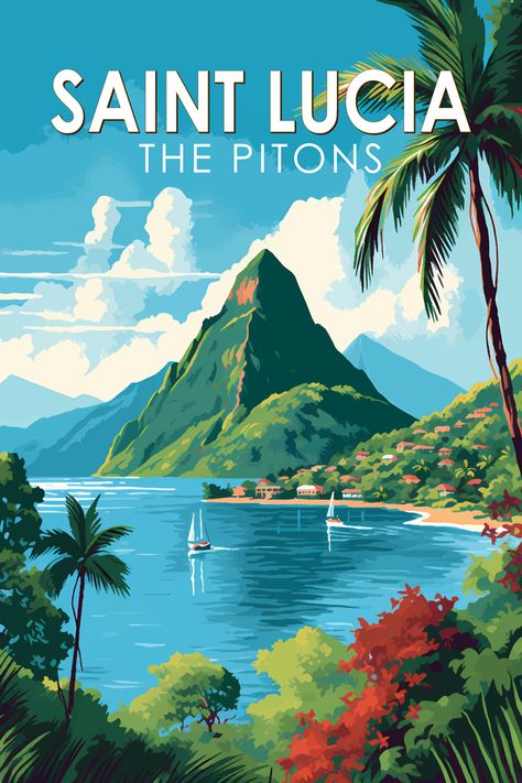 Retro art poster of The Pitons in Saint Lucia showcasing majestic peaks and Caribbean paradise. Rio De Janeiro, St Lucia Travel, Tropical Cruise, Tropical Poster, Vector Art Design, Caribbean Art, Saint Lucia, Caribbean Travel, Santa Lucia