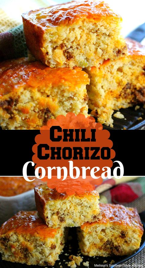 Stuffed Cornbread Recipes, Crackling Cornbread, Chorizo Cornbread, Spicy Food Recipes, Crawfish Cornbread, Chili Spicy, Sausage Chili, Cornbread Recipes, Oxtail Recipes